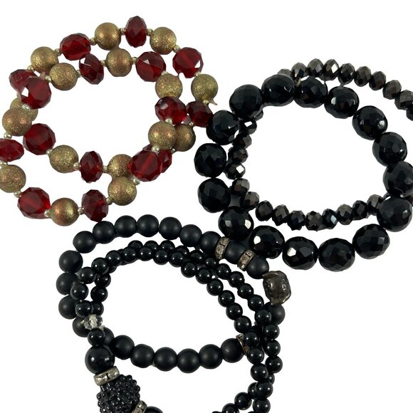 Lot 6 Stretch Bracelets Black Red Gold Beaded Layering Stacking Rhinestones - Picture 1 of 10